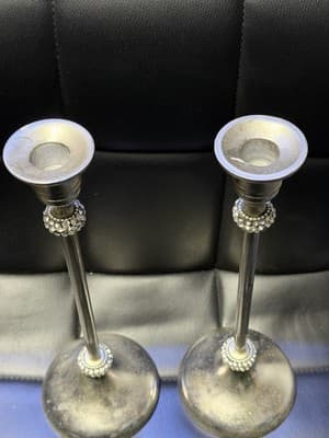 Set of 2 Silver Tone Candle Holders Rhinestone Accent 11” Tall Used