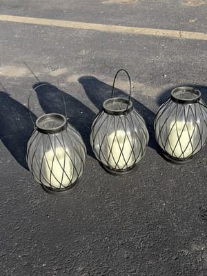 Set of 3 Glass Metal Lanterns w/ Handles Candle Holders