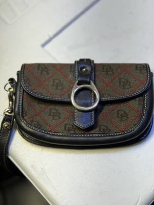 Dooney & bourke black canvas & leather D&B Logo Monogram lock pouch wallet