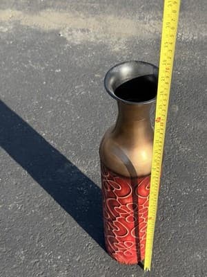 19" Tall Vintage Metal Floor Vase Decorative Red Gold Green Floral Square Sturdy - Thumbnail 4