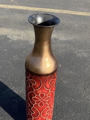 19" Tall Vintage Metal Floor Vase Decorative Red Gold Green Floral Square Sturdy - Thumbnail 2