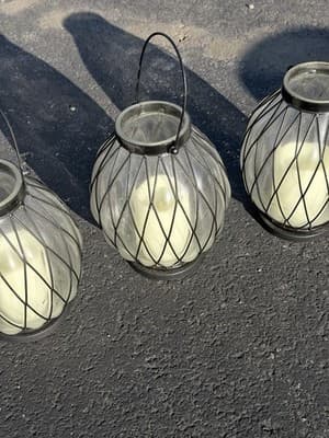 Set of 3 Glass Metal Lanterns w/ Handles Candle Holders - Thumbnail 3