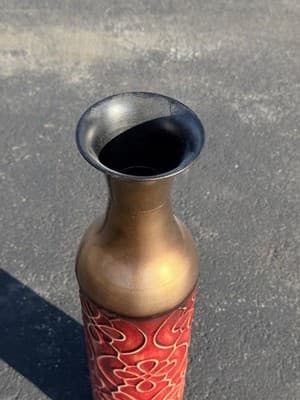 19" Tall Vintage Metal Floor Vase Decorative Red Gold Green Floral Square Sturdy - Thumbnail 3