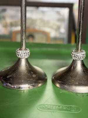 Set of 2 Silver Tone Candle Holders Rhinestone Accent 11” Tall Used - Thumbnail 3