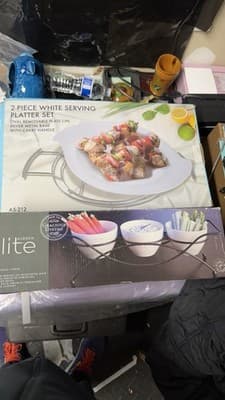 2-Piece White Serving Platter Set Oval Plate w/ Metal Base Handle