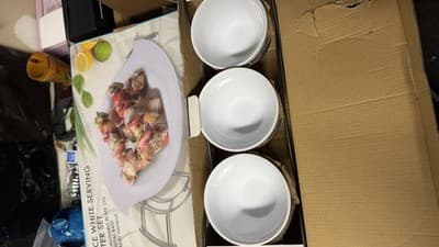 2-Piece White Serving Platter Set Oval Plate w/ Metal Base Handle - Thumbnail 6