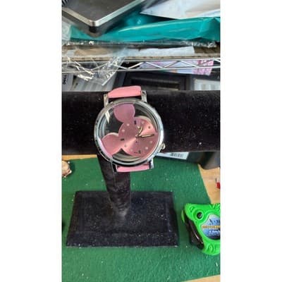 Disney Mickey Mouse Pink Silhouette Transparent Dial Watch B197 Silver Tone Case