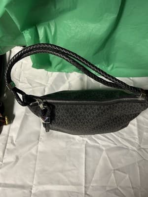 Michael Kors Black Signature Shoulder Bag Braided Handle Zip Top - Thumbnail 5