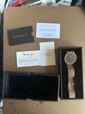 Rossling & Co. Swiss Quartz Watch Gold Mesh Black Dial Box Papers Needs Crown - Thumbnail 6