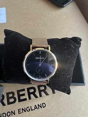 Rossling & Co. Swiss Quartz Watch Gold Mesh Black Dial Box Papers Needs Crown