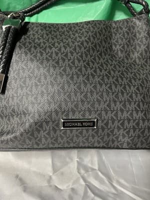 Michael Kors Black Signature Shoulder Bag Braided Handle Zip Top - Thumbnail 2