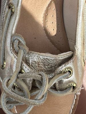 Sperry Boat Shoes Women 6 Beige Gold Leather Canvas Lace Up - Thumbnail 7
