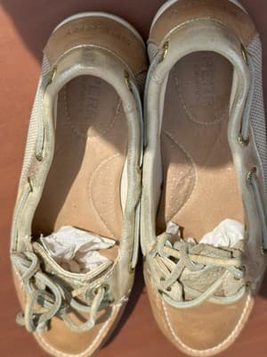 Sperry Boat Shoes Women 6 Beige Gold Leather Canvas Lace Up - Thumbnail 9