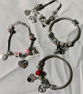 Charm Bracelet Lot Silver Tone Snake Chain Heart Butterfly Charms Set