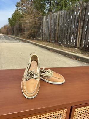 Sperry Boat Shoes Women 6 Beige Gold Leather Canvas Lace Up