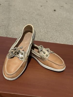 Sperry Boat Shoes Women 6 Beige Gold Leather Canvas Lace Up - Thumbnail 2