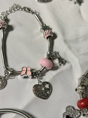 Charm Bracelet Lot Silver Tone Snake Chain Heart Butterfly Charms Set - Thumbnail 10