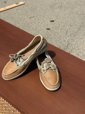 Sperry Boat Shoes Women 6 Beige Gold Leather Canvas Lace Up - Thumbnail 3