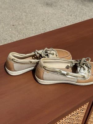 Sperry Boat Shoes Women 6 Beige Gold Leather Canvas Lace Up - Thumbnail 4