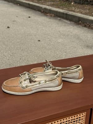 Sperry Boat Shoes Women 6 Beige Gold Leather Canvas Lace Up - Thumbnail 6