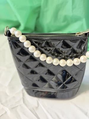 Black Quilted Patent Handbag Pearl Handle Mini Purse Evening Bag