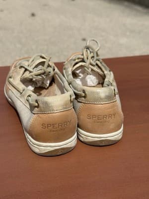 Sperry Boat Shoes Women 6 Beige Gold Leather Canvas Lace Up - Thumbnail 5