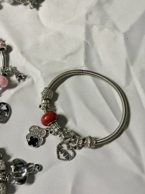 Charm Bracelet Lot Silver Tone Snake Chain Heart Butterfly Charms Set - Thumbnail 9