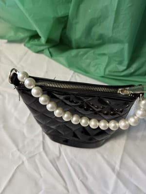Black Quilted Patent Handbag Pearl Handle Mini Purse Evening Bag - Thumbnail 3