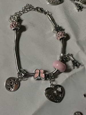 Charm Bracelet Lot Silver Tone Snake Chain Heart Butterfly Charms Set - Thumbnail 4