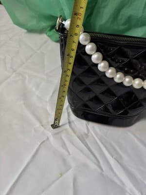 Black Quilted Patent Handbag Pearl Handle Mini Purse Evening Bag - Thumbnail 6