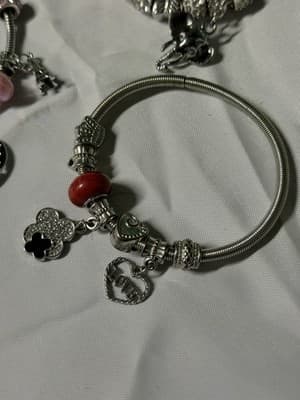 Charm Bracelet Lot Silver Tone Snake Chain Heart Butterfly Charms Set - Thumbnail 3