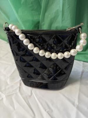 Black Quilted Patent Handbag Pearl Handle Mini Purse Evening Bag - Thumbnail 2