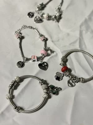 Charm Bracelet Lot Silver Tone Snake Chain Heart Butterfly Charms Set - Thumbnail 8