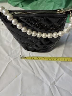Black Quilted Patent Handbag Pearl Handle Mini Purse Evening Bag - Thumbnail 5