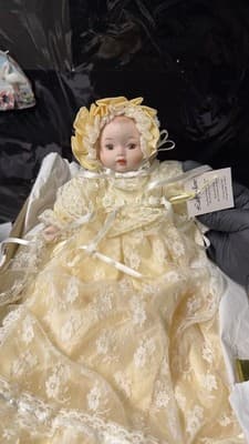 Vintage Sankyo Porcelain Doll Lace Dress Made in Taiwan 1980s