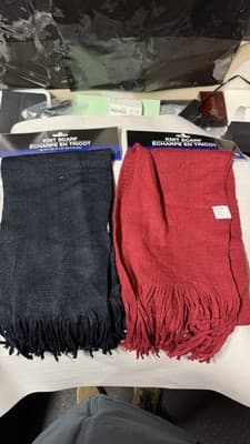 Lot of 2 New Knit Scarves Black + Red 100% Acrylic Fringed Winter Bundle