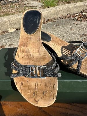 Lauren Ralph Lauren Cork Heel Sandals Black Woven Slides Size 6B - Thumbnail 3