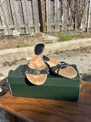 Lauren Ralph Lauren Cork Heel Sandals Black Woven Slides Size 6B