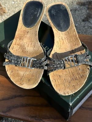 Lauren Ralph Lauren Cork Heel Sandals Black Woven Slides Size 6B - Thumbnail 6