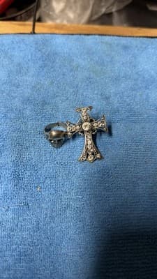 Gothic Skull Ring & Rhinestone Cross Pendant Lot – Silver Tone - Thumbnail 2