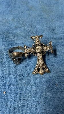 Gothic Skull Ring & Rhinestone Cross Pendant Lot – Silver Tone