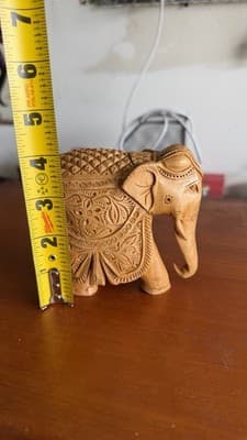 Hand Carved Wooden Elephant Figurine Detailed Indian Style 5” Decor - Thumbnail 9