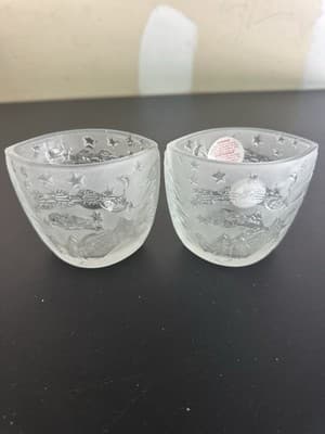 Christmas Oval Frosted Glass Votive Candle Holder Santa & Reindeer Flying