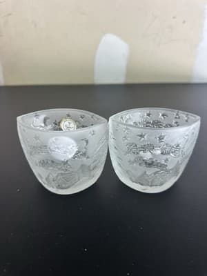 Christmas Oval Frosted Glass Votive Candle Holder Santa & Reindeer Flying - Thumbnail 2