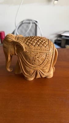 Hand Carved Wooden Elephant Figurine Detailed Indian Style 5” Decor
