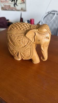 Hand Carved Wooden Elephant Figurine Detailed Indian Style 5” Decor - Thumbnail 10