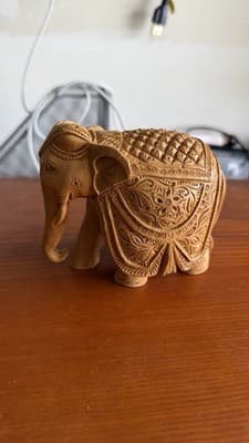 Hand Carved Wooden Elephant Figurine Detailed Indian Style 5” Decor - Thumbnail 2