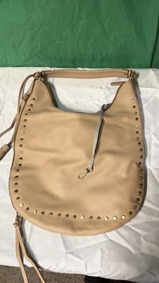 Large Beige Faux Leather Hobo Shoulder Bag Studded Boho Slouchy Tote 17x13”