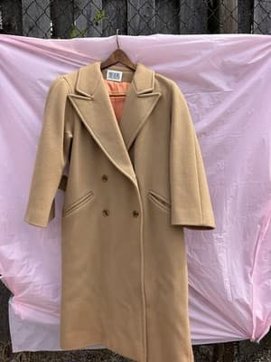 Bill Blass Wool Blend Coat Women Long Camel Double Breasted Classic Vintage