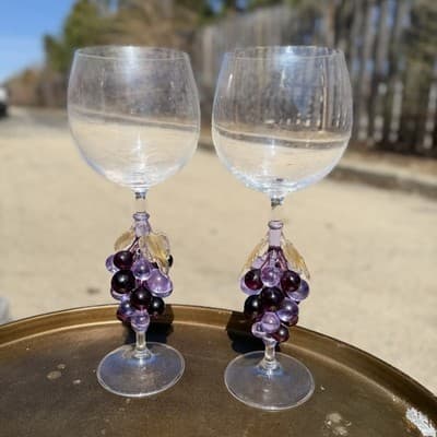 Vintage Wine Glasses Grape Stem Set of 2